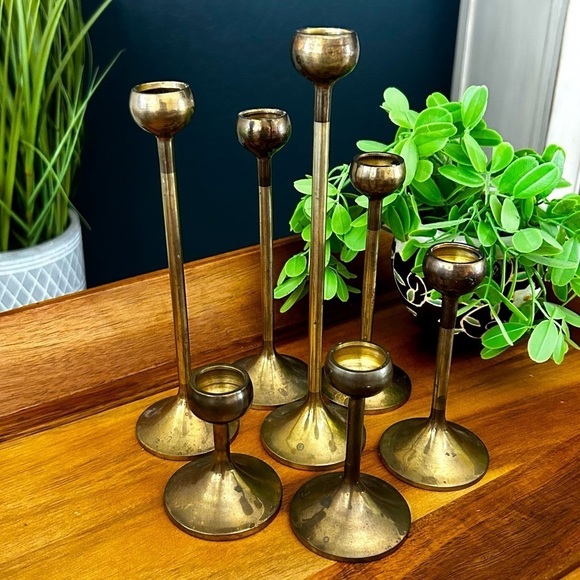 Mid Century Scandinavian Brass Graduated Candleholders - Set of 7 - Picture 3 of 9